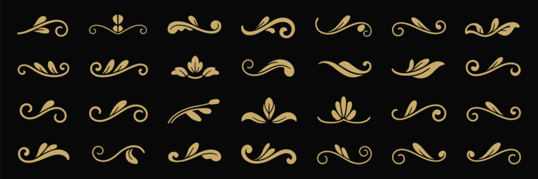 Flourishes Calligraphic Ornaments with Gold Vintage Decorative Elements, Baroque Arabesque Filigree and Victorian Floral Leaf Patterns