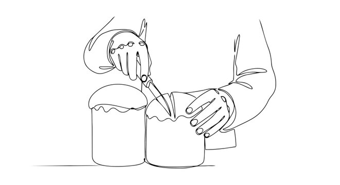 Hands cutting cake one line drawing. Easter bread slicing and food preparation. Continuous line vector illustration isolated on white background
