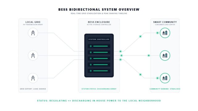 Energy Storage System Diagram Showing Grid Balancing and Data Flow