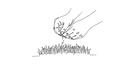 Naklejka premium Hands sowing seeds in grass one line drawing. Continuous line spring agriculture and gardening concept. Minimalist vector illustration isolated on white background