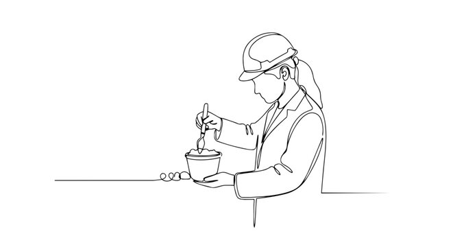 Scientist in a lab coat and hard hat. Continuous one line drawing vector illustration. Agricultural research and testing concept