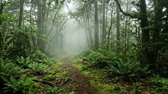 Tracking shot dolly forward along mossy forest path winding through temperate rainforest with morning fog