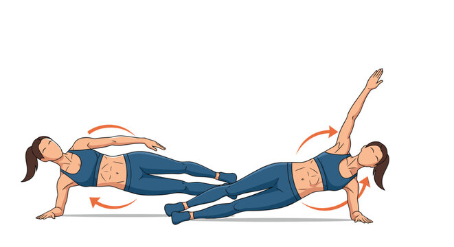 Female athlete demonstrating side plank yoga variations and arm rotations while wearing blue workout clothes in a vector illustration.