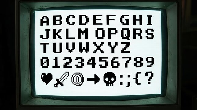 Pixel alphabet and symbols set for gaming UI, retro 8bit arcade typography characters and numbers, digital bitmap font collection