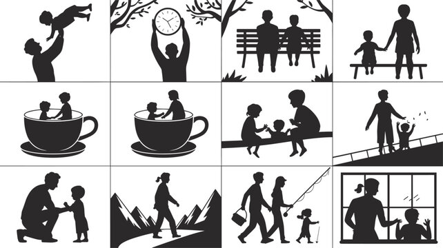 Adult and child silhouettes collage, family bonding, nurturing, playful activities, guidance, love, support, generational connection, emotional artwork design
