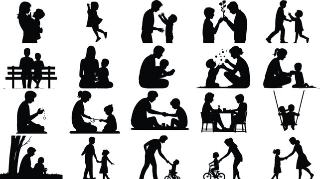 Adult and child silhouettes collection, family bonding, nurturing, playful activities, teaching, guidance, love, support, generational connection artwork