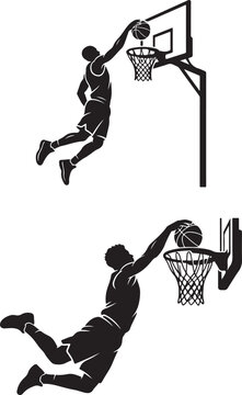 Basketball player dunking silhouette action set with hoop