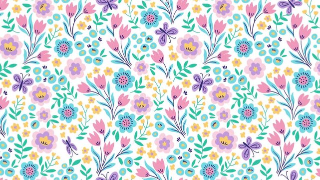 Animation of bright stylized flowers pattern with butterflies flutter on background, minimal meadow botanical loop cartoon background. Slow motion looped animation background