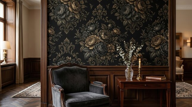 Vertical black floral pattern wallpaper for luxury interior, elegant dark blooming flowers background, romantic decorative design