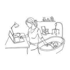 Obraz premium Working mom with baby in cradle. Continuous line art illustration. Remote work and motherhood concept. Vector graphic isolated on white background