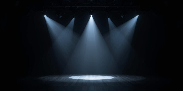 Bright stage spotlight illuminates a dark blue music concertbbbbbbbbb scene with a brilliant beam of light during a theater show