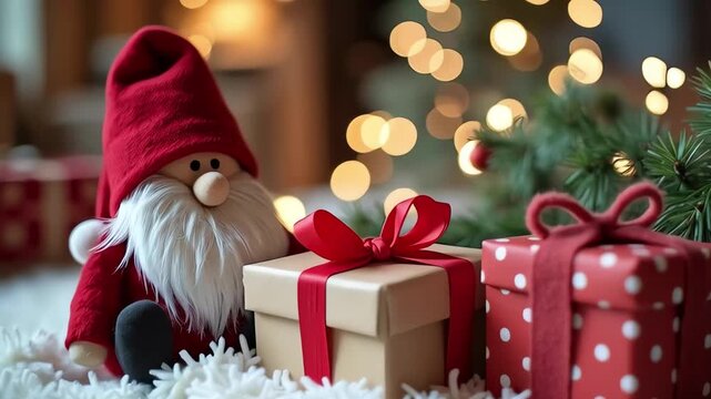 Christmas gnome and gift boxes with warm holiday lights background