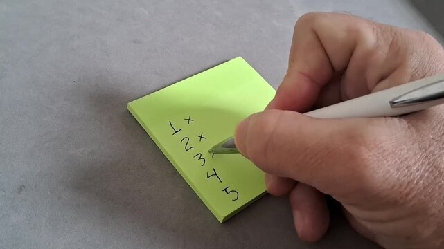 Hand writing numbers and symbols on a yellow sticky note with a white ballpoint pen