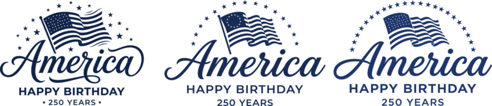 Three patriotic america happy birthday designs with waving flags and stars on white background