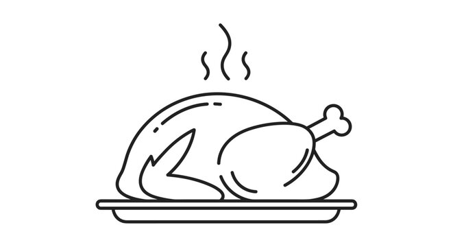 Simple line art illustration of a delicious roasted turkey or chicken served on a platter with steam rising from it for dinner time.