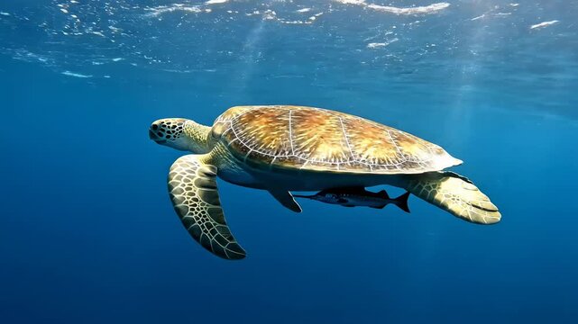 Majestic Sea Turtle Swimming Through Clear Blue Ocean Water with Sunlight Filtering from the Surface and a Remora Fish.