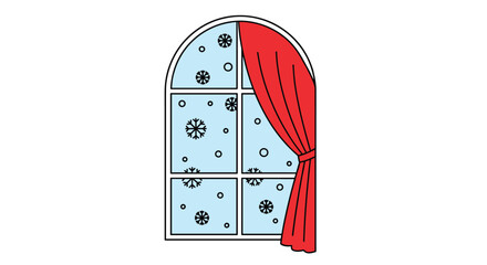 Obraz premium Arched window frame with a single red curtain on the right side looking out onto a cold winter day with falling snowflakes.