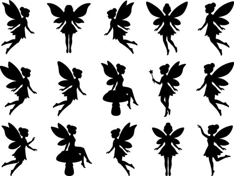 A collection of fairy silhouettes dancing around mushrooms in a whimsical forest scene with magic and fantasy creatures.