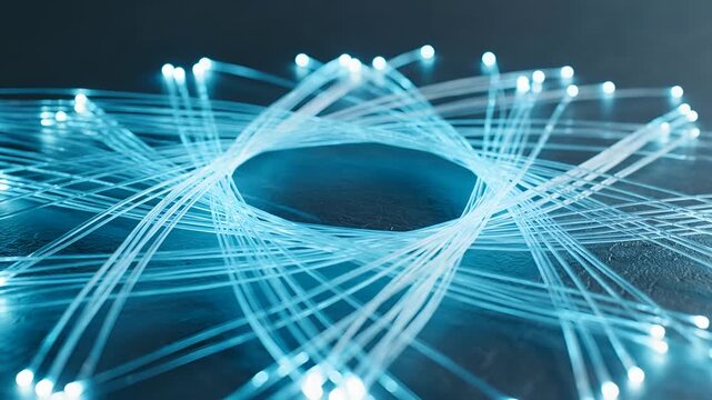 Abstract Blue Fiber Optics Network Glowing with Data Transmission.