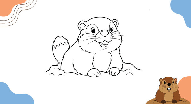 Groundhog day illustration with a large line art drawing of a woodchuck emerging from its burrow and a small colored version nearby.