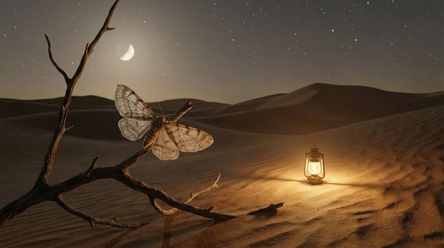 Small moth in a dry desert with sand dunes and moon, night wings and a lamp light, surreal fragility and silence, unusual insect