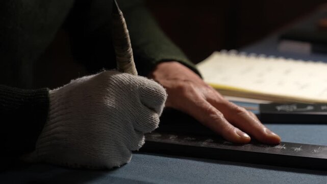 Artisan wearing gloves holding carving knife for detailed engraving work