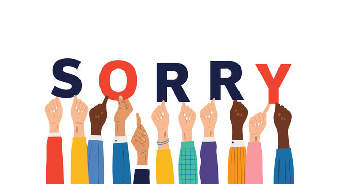 Multiethnic group of raised hands holding large colorful letters that spell out the word sorry to apologize for a mistake.