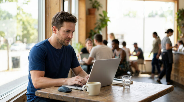 Focused man working remotely on a laptop in a busy cafe. Freelancer using a coffee shop as a workspace