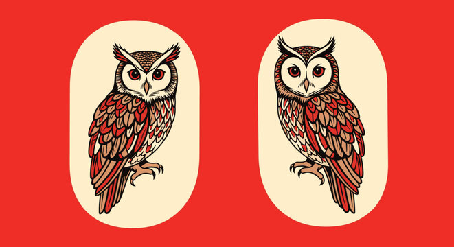 Pair of stylized owl illustrations with intricate feather patterns in red and brown tones set within oval frames on a bold red backdrop.