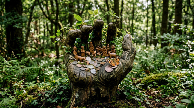 Large stone hand sculpture with coins and figures in a forest