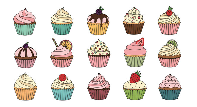 Collection of fifteen different colorful gourmet cupcakes decorated with berries, chocolate, sprinkles, and fruit slices in a grid layout.