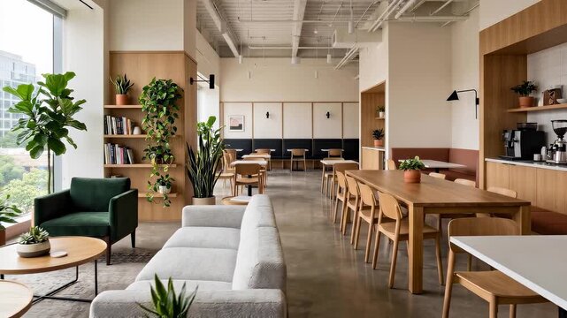 Tracking shot of modern lounge seating and communal dining area panning through coworking office interior with large windows and indoor plants