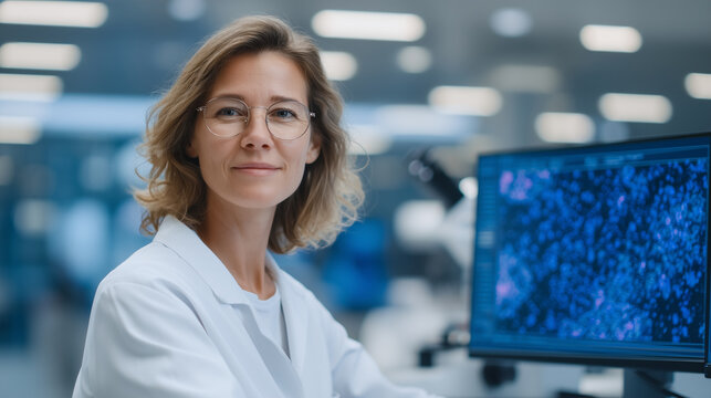 Female scientist analyzing microscope slides alongside AI medical graphics in a bright lab.
