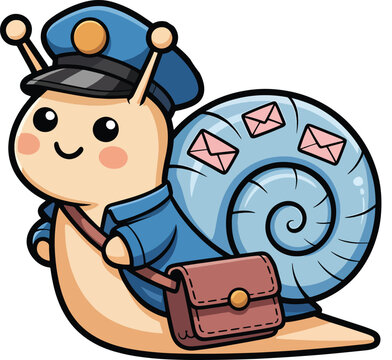 Cute cartoon snail in postal uniform with mailbag and letters