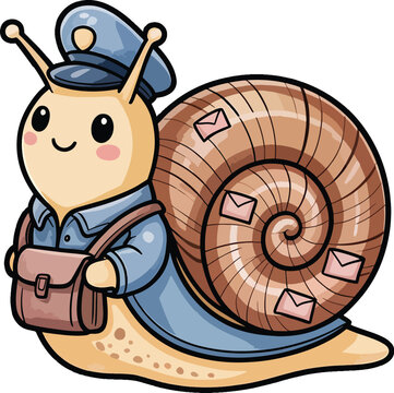 Cute cartoon snail postal worker carrying mailbag smiling