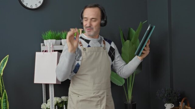 Man florist in beige apron holding tablet, hand raised in a dance gesture while listening to music with headphones in studio; joy creativity.