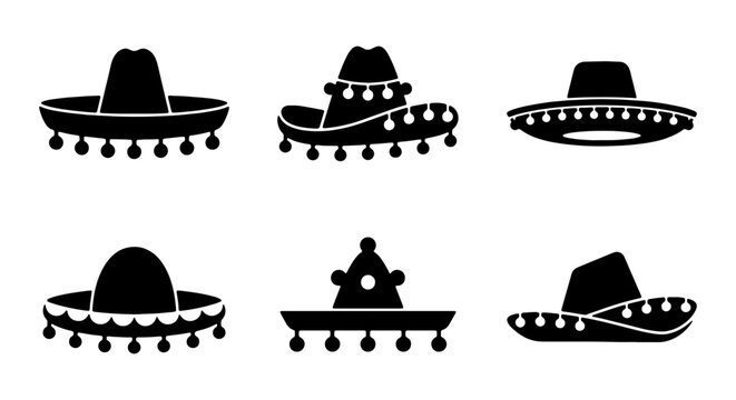 Mexican Sombrero Hat Silhouette Set, 6 Traditional Fiesta Headwear Vector Icons