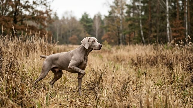 Weimaraner dog pointing in a field of dry grass. Silver grey hunting dog standing alert in autumn forest landscape