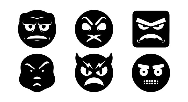 Angry emoji icons, 6 black vector emoticons, aggressive facial expressions set