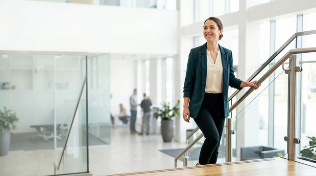 Confident businesswoman walking up stairs in a modern office. Smiling female executive ascending staircase in corporate building. Career progression and success concept