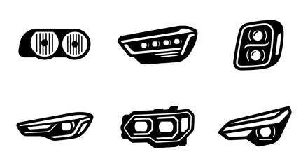 Modern car headlight icons, 6 automotive lamp vector set, black vehicle light silhouettes © Shahidul