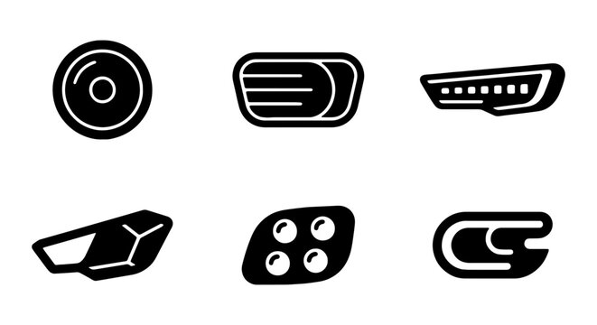 Automotive headlight icons, 6 car lamp vector elements, black vehicle lighting symbols