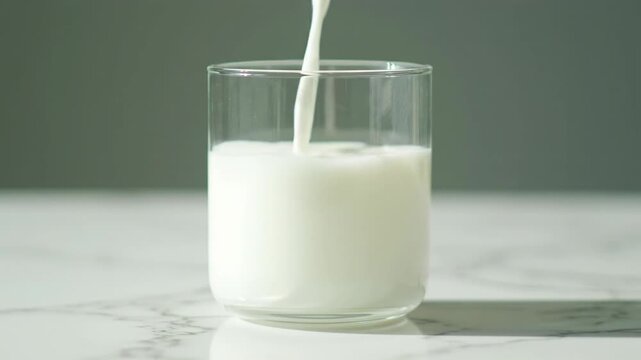 A graceful slow push-in video of pure white milk filling a clear minimalist glass on a pristine surface, with soft natural light highlighting its smooth texture and a shallow depth of field against a