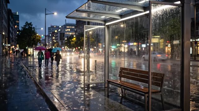 Panning shot of empty bus stop bench and pedestrians walking past on wet urban street with neon lights at dusk