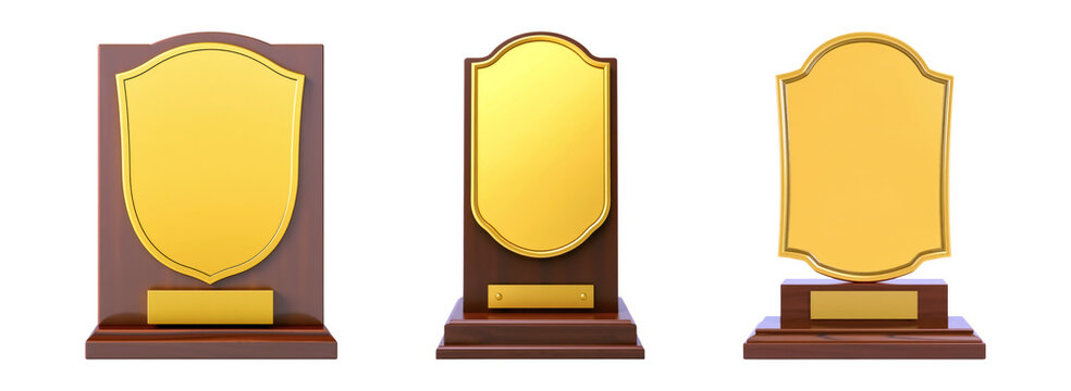 Set of three blank gold award plaques with wooden bases