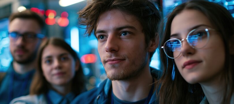 Young cybersecurity research interns analyzing digital network interface in modern lab