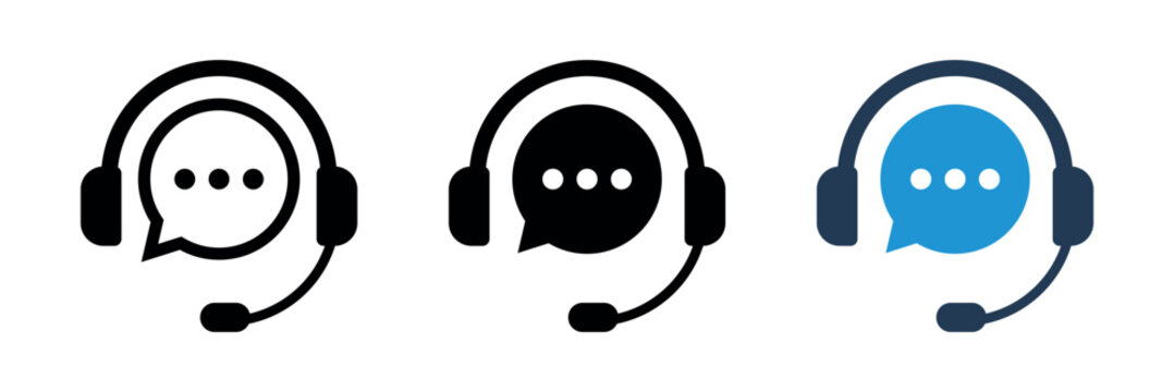 Customer support icon set in three styles. Editable Stroke. Headset with chat bubble for help, service and call center. Support, headset, customer service, call center, help, operator - stock vector