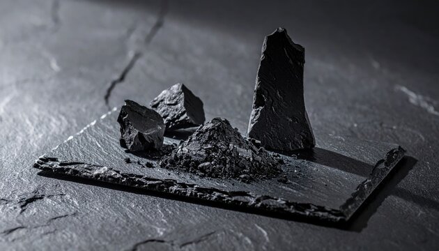 Artfully arranged graphite chunks and powdered carbon on a dark slate tile