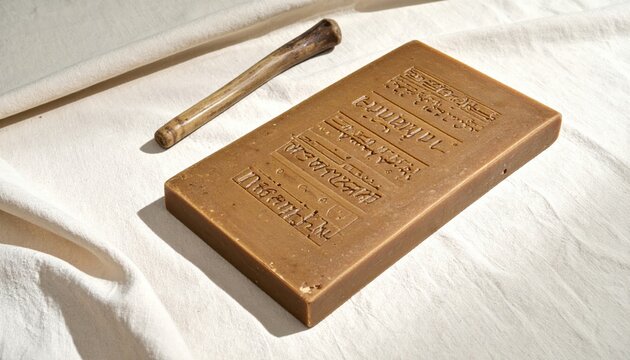 Ancient Roman wax tablet with stylus inscribed cursive writing, historical artifact with inscribed text and stylus tool.