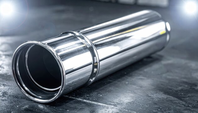 Highly polished chromium plated exhaust pipe section reflecting bright lights, automotive detail showcasing metallic sheen